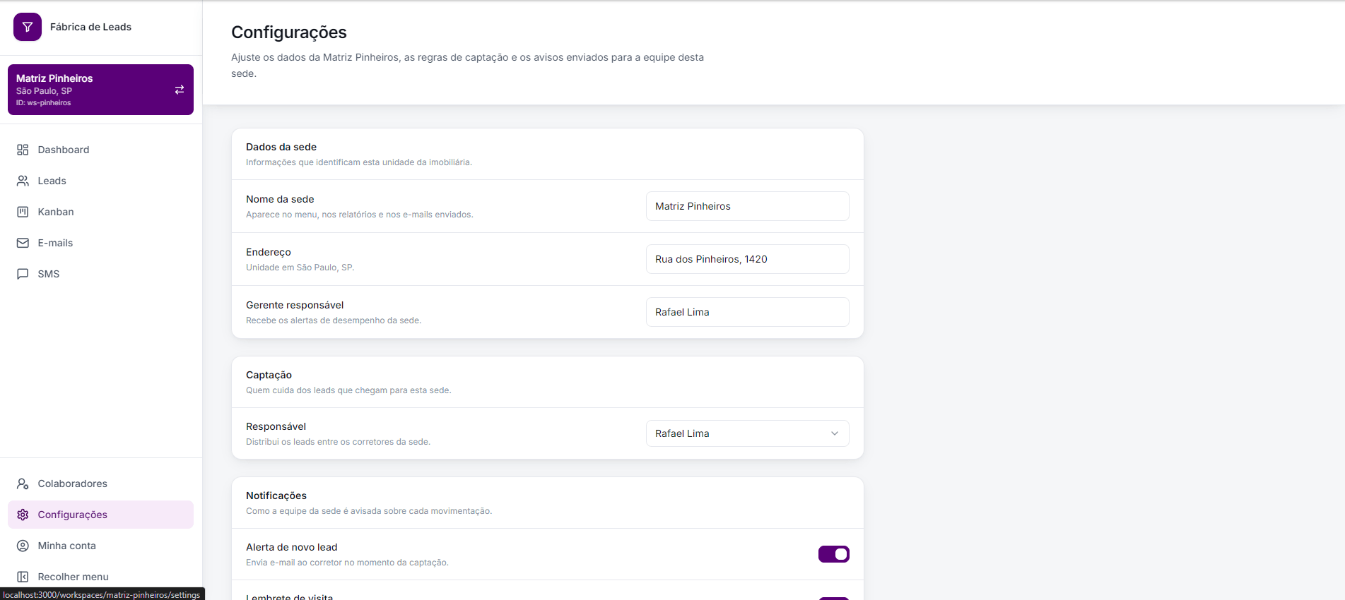 Tela de Configurações da plataforma