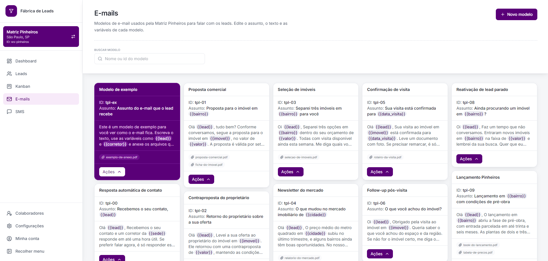 Tela de E-mails da plataforma