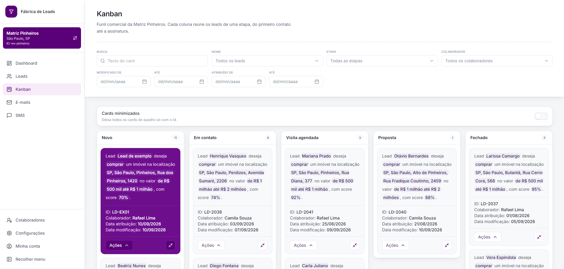Tela de Kanban da plataforma